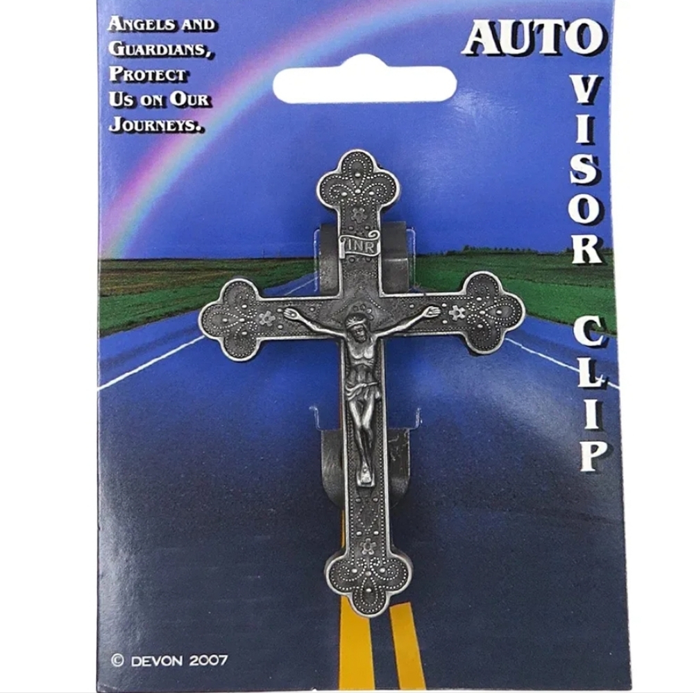 Auto Visor Clip - Protect Us On Our Journey - Pewter Crucifix